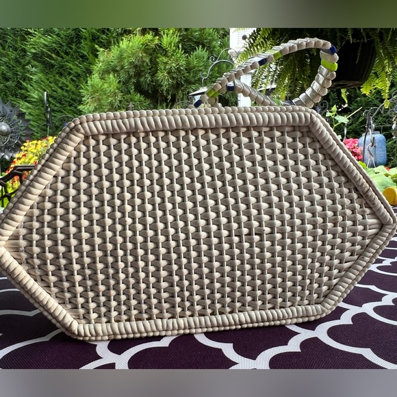 Women’s white vintage antique hand bag beads and wood - Picture 4 of 5